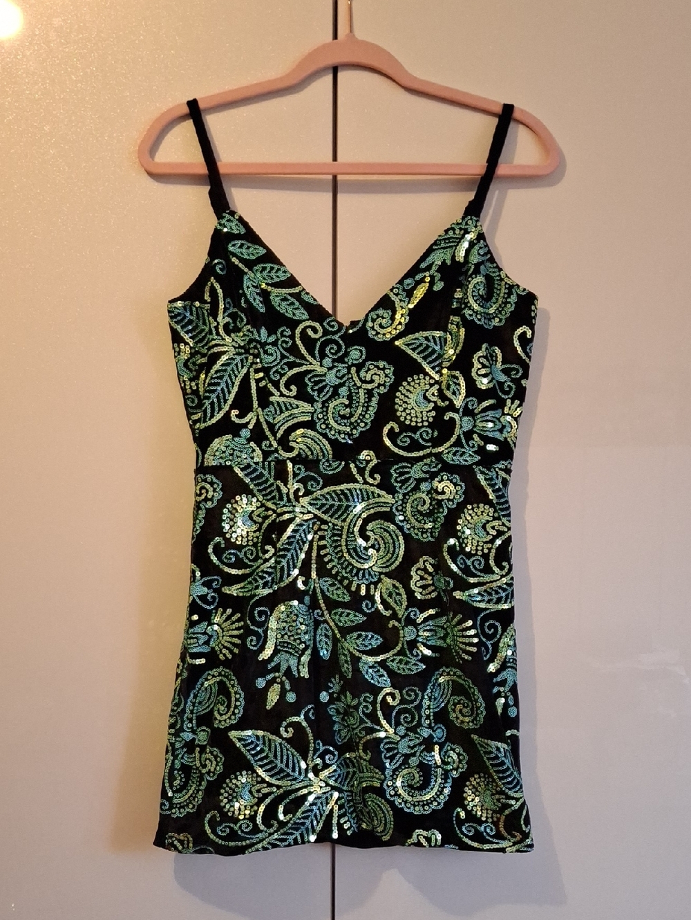 Cosmopolitan Black Sequin Camisole with Green Aqua Floral Embroidery